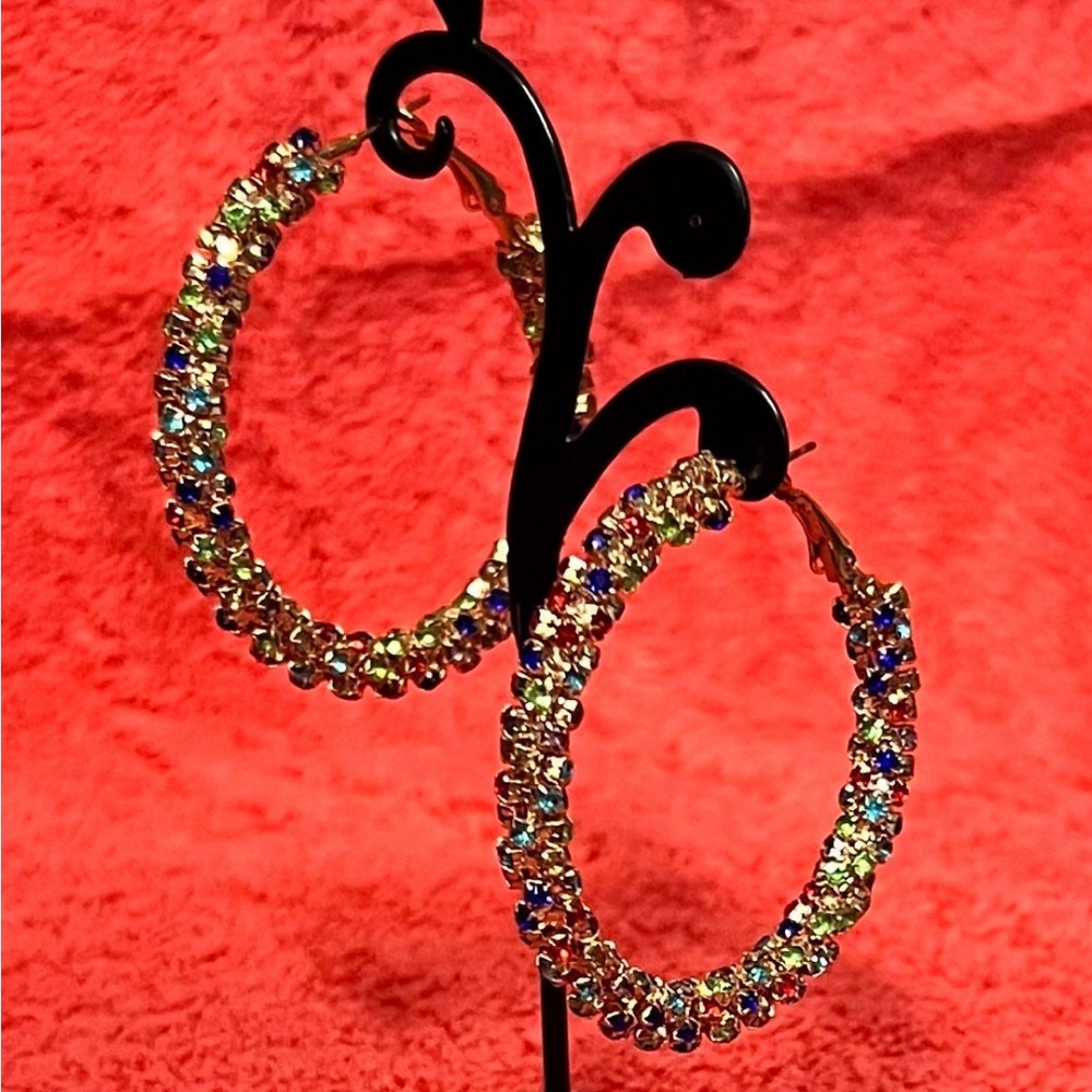 Gold Multi-Color Gemstone Hoop Earrings, Round Colorful Gemstones
